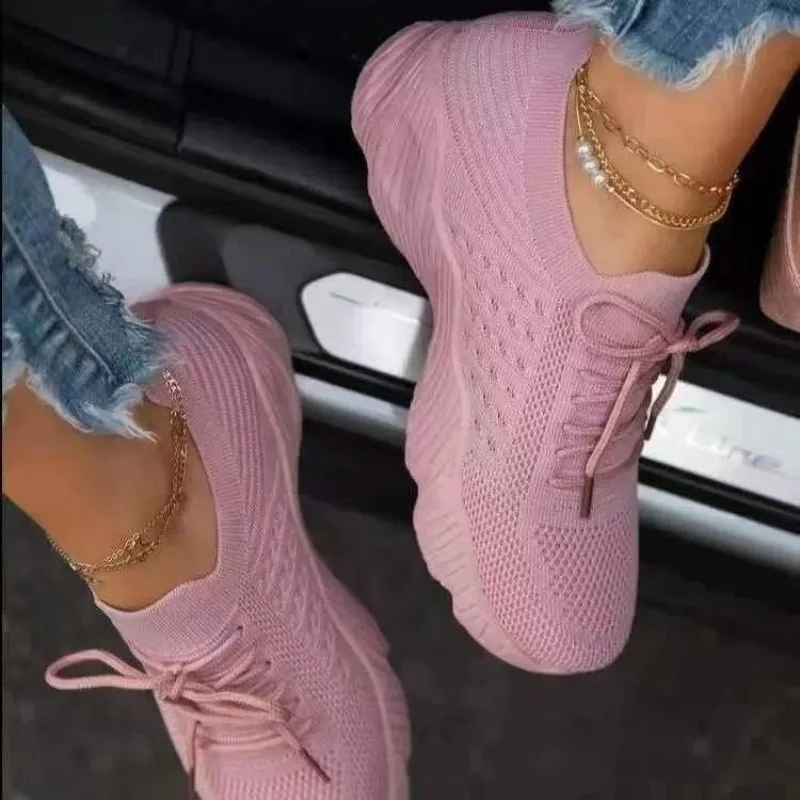 Knit Fabric Lace Up Sneakers - Женские повседневные вязаные кроссовки с дышащей