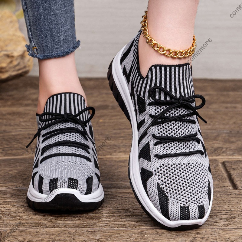 Knit Fabric Lace Up Sneakers - Женские вязаные слипоны-кеды на шнуровке, дышащие,