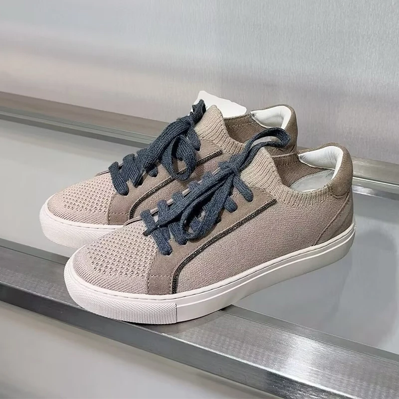 Knit Fabric Lace Up Sneakers - Женские вязаные дышащие кроссовки, весенне-осенняя повседневная